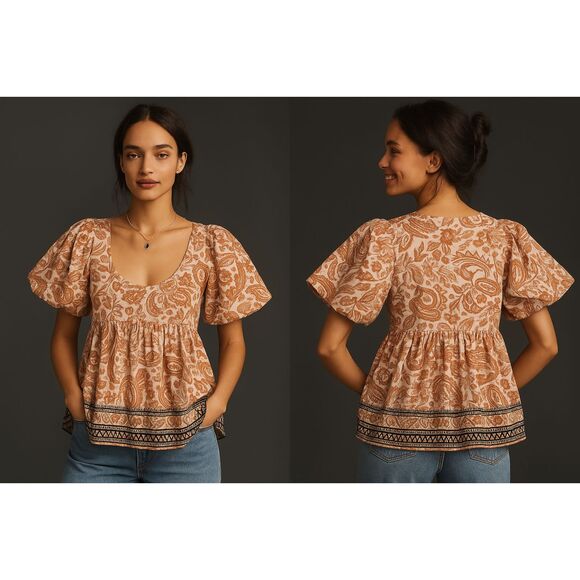 Anthropologie Paisley Puff-Sleeve Babydoll Blouse Scoop Neck Boho Cotton L NWT - Picture 1 of 9